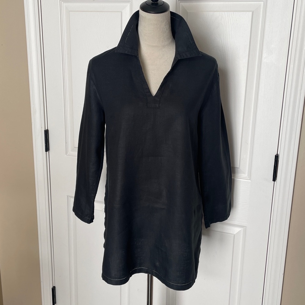 Kate Hill Black Linen Collared‎ Long Sleeve Tunic Top Medium Petite